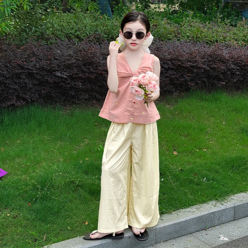 女童夏装2025粉色爱心刺绣上衣潮流洋气宽松阔腿裤中大童薄款套装