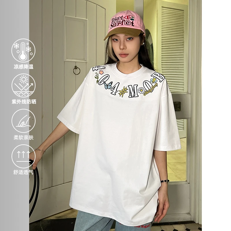 404MOB冰感UV2.0UPF50+防晒新中式花卉环形刺绣重磅短袖百搭T恤