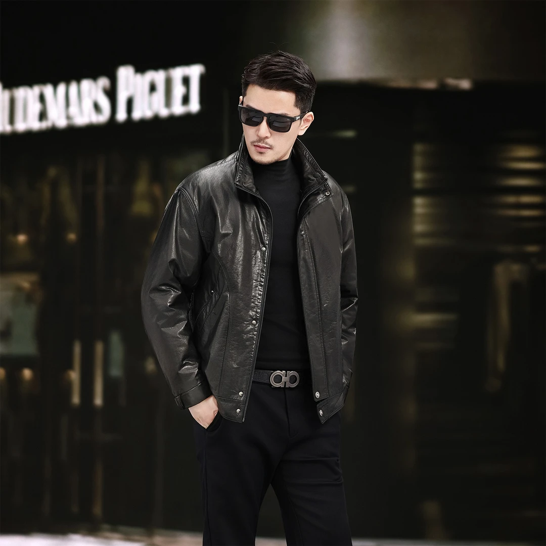 ZISANG6828-1头层黄牛皮鹅绒内胆真皮皮衣男皮夹克海宁短款外套冬