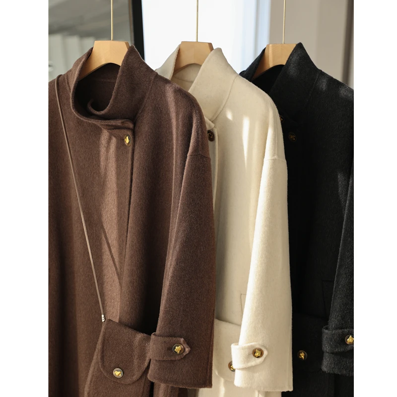 带包包！韩系气质羊绒羊毛双面呢大衣中长款宽松立领毛呢外套女冬