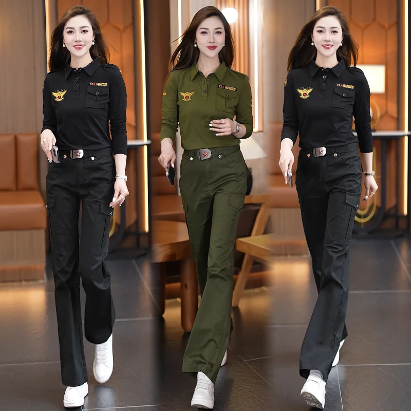 气质减龄长袖翻领T恤微喇叭裤两件套春季新款高腰迷彩工装套装女