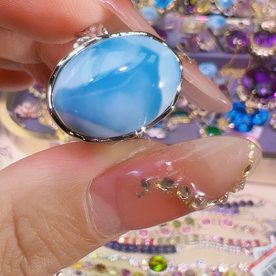 银S925镶嵌针钠钙石（海纹石）珠宝奇石