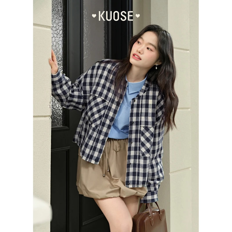阔色格纹短款衬衫外套2025春季新款小个子棒球服上衣KSS2502002