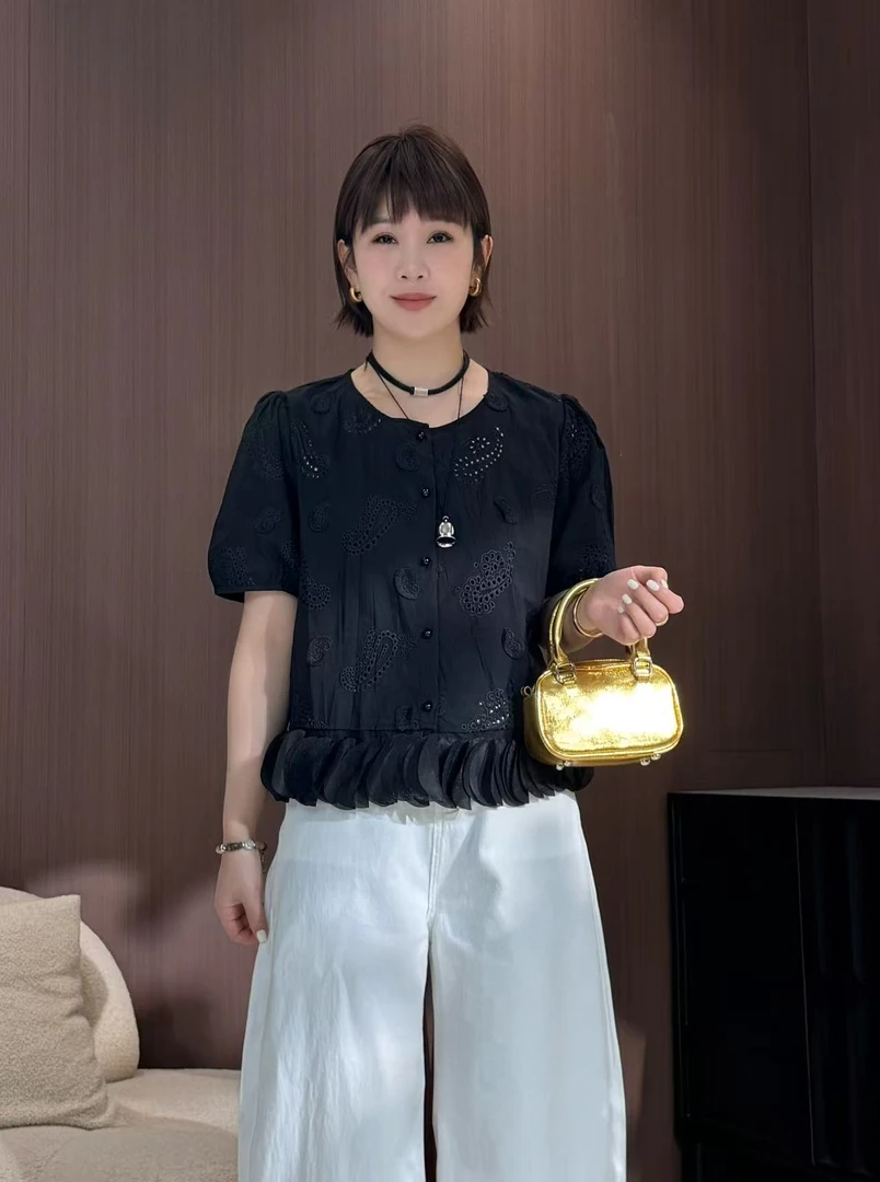 方和屿.刺绣夏季圆领不起球纯色短袖衬衫衬衣潮流百搭休闲9618