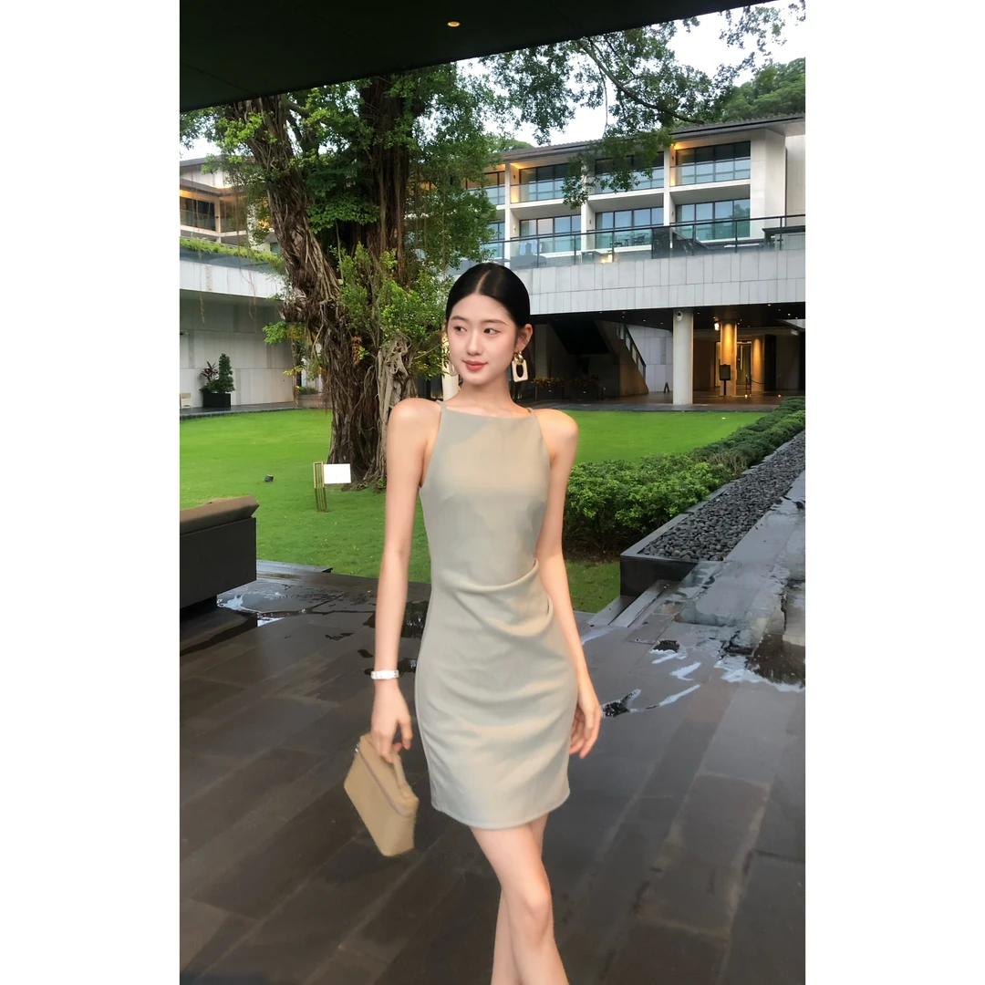 【温雅名伶】气质肯豆裙5.0弹力包身立裁一字领长款温柔连衣裙女