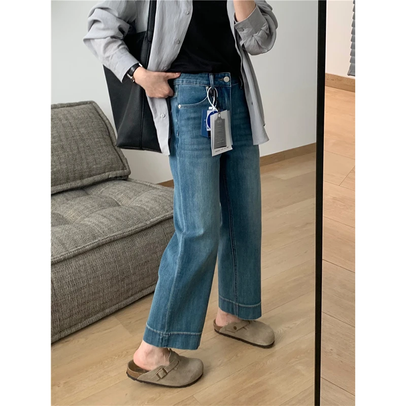 大码梨形身材高腰直筒九分牛仔裤女秋季款四面弹宽松遮胯显瘦裤子