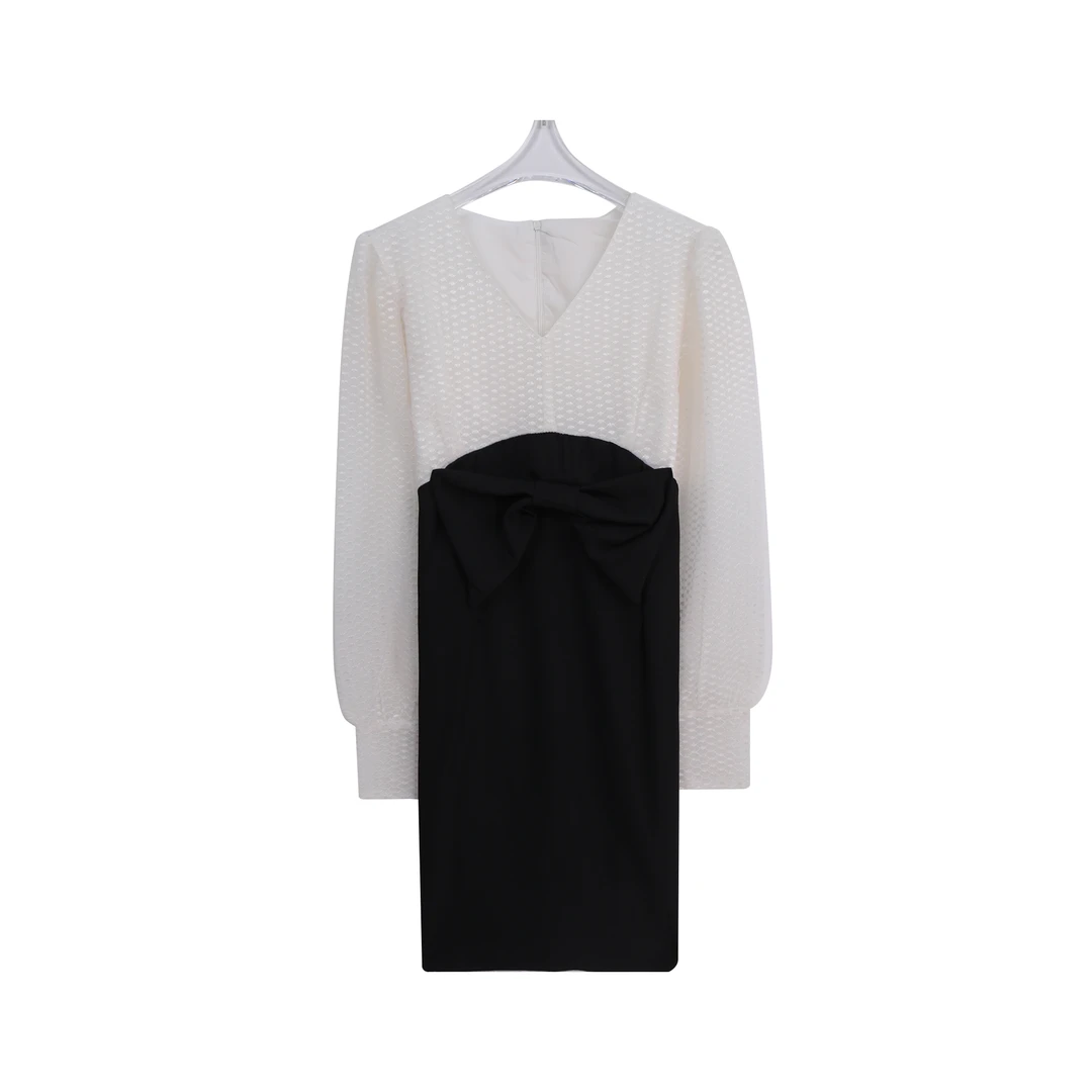 时尚气质V领修身显瘦高级感拼接假两件连衣裙C63039