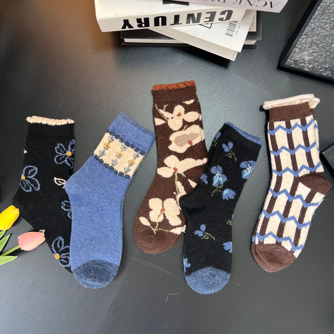 【5双装】蓝咖色系复古风提花保暖绵羊毛袜女秋冬舒适中筒堆堆袜