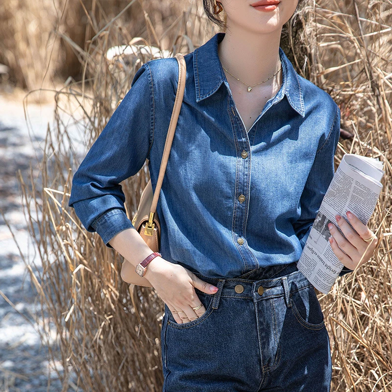 蓝色牛仔衬衫设计复古港味宽松长袖百搭消费券用券入冬漂亮衣服