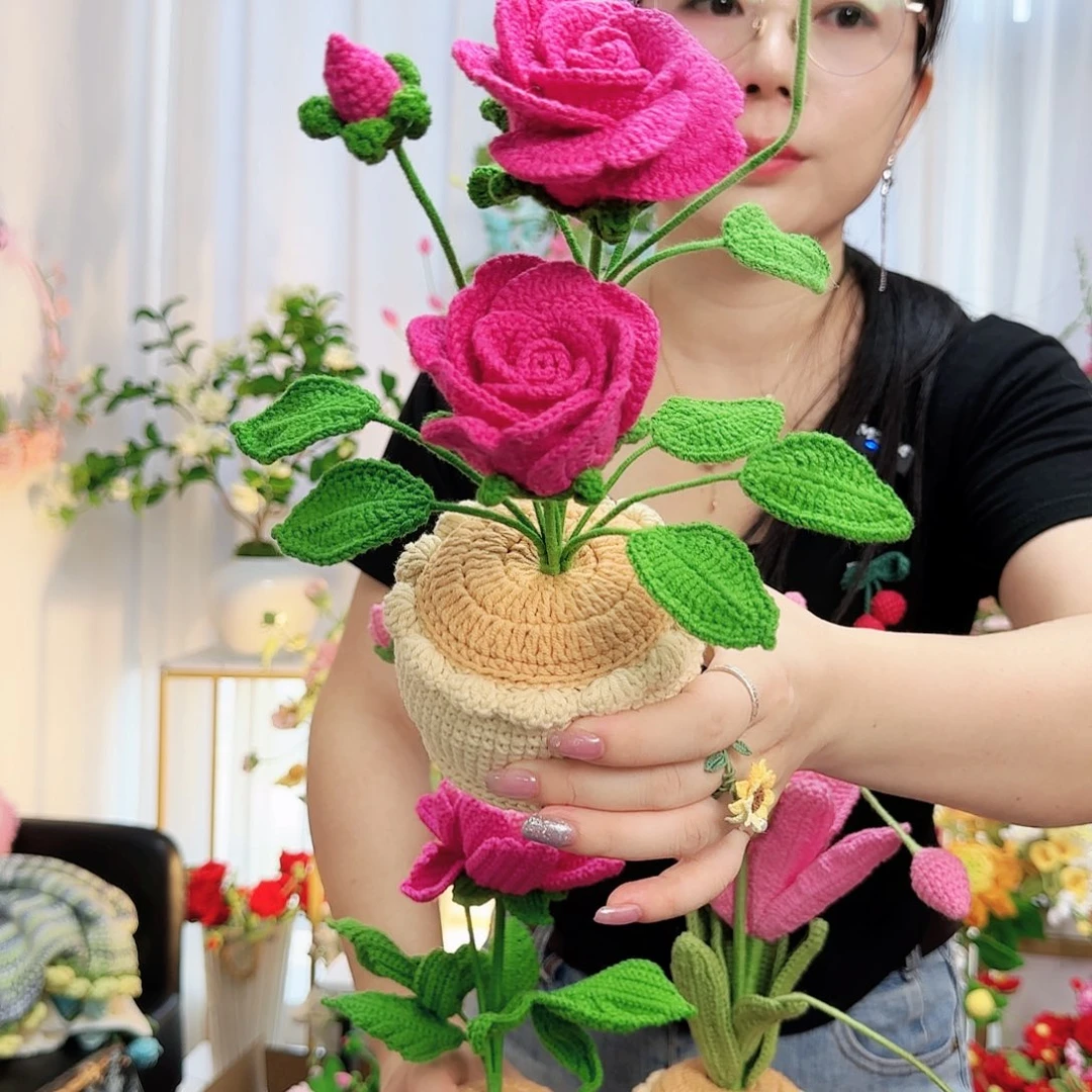 手工钩织蔷薇盆栽
