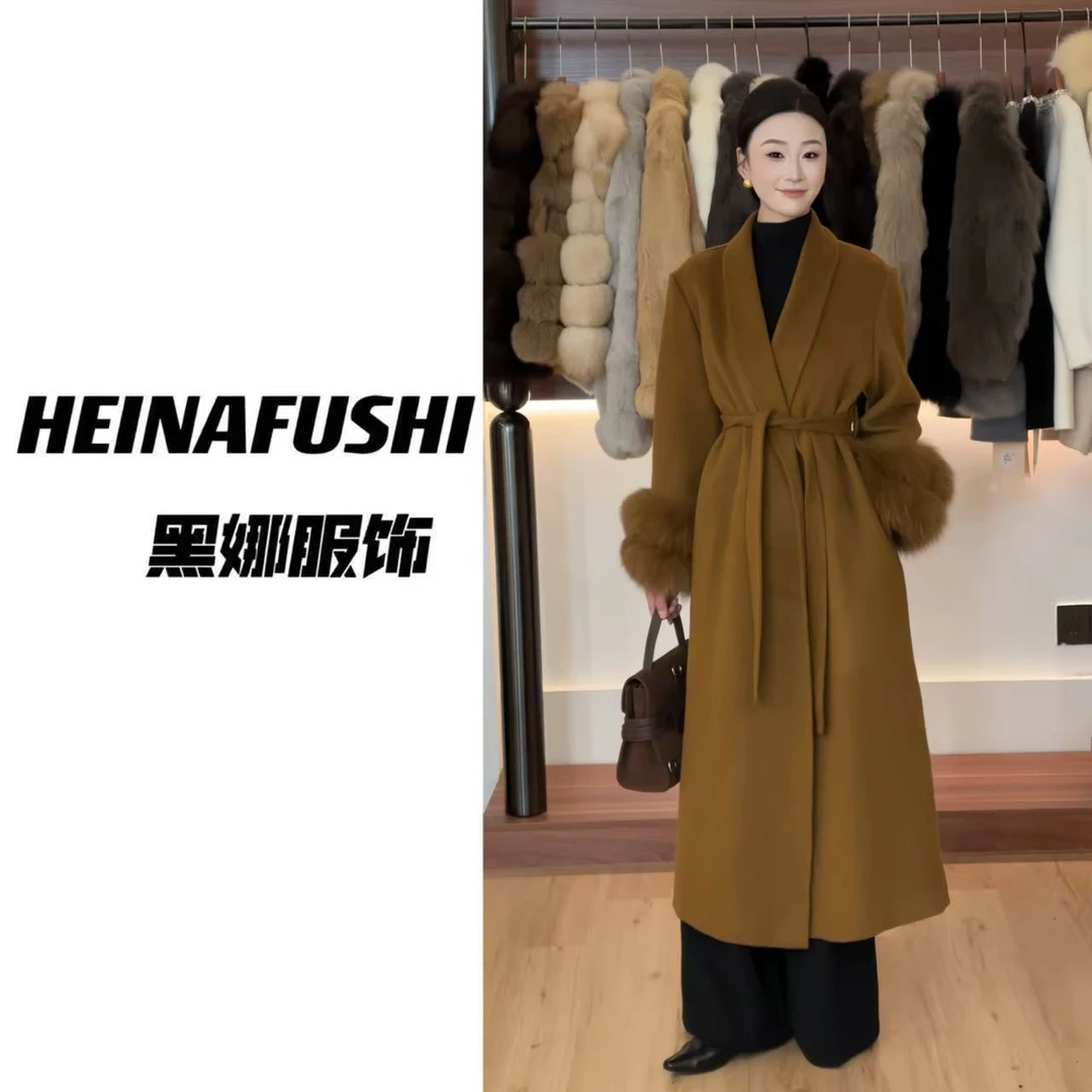 HEINA【奢华雅致】狐狸毛袖长款羊绒大衣Q17-1