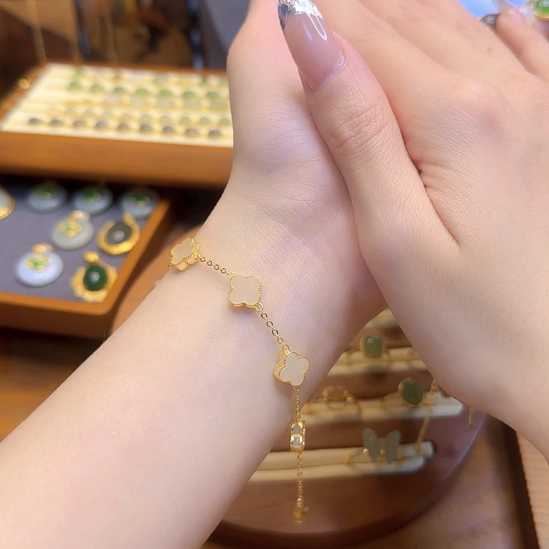 和田玉手链银S925镀金镶嵌