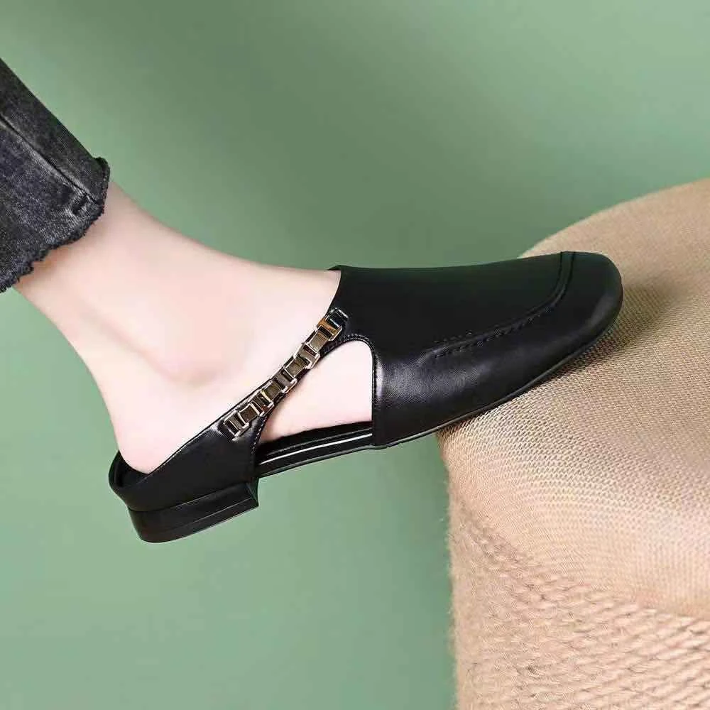 品牌法式复古风圆头粗跟包头半拖鞋女夏季新款外穿真皮凉鞋女拖鞋