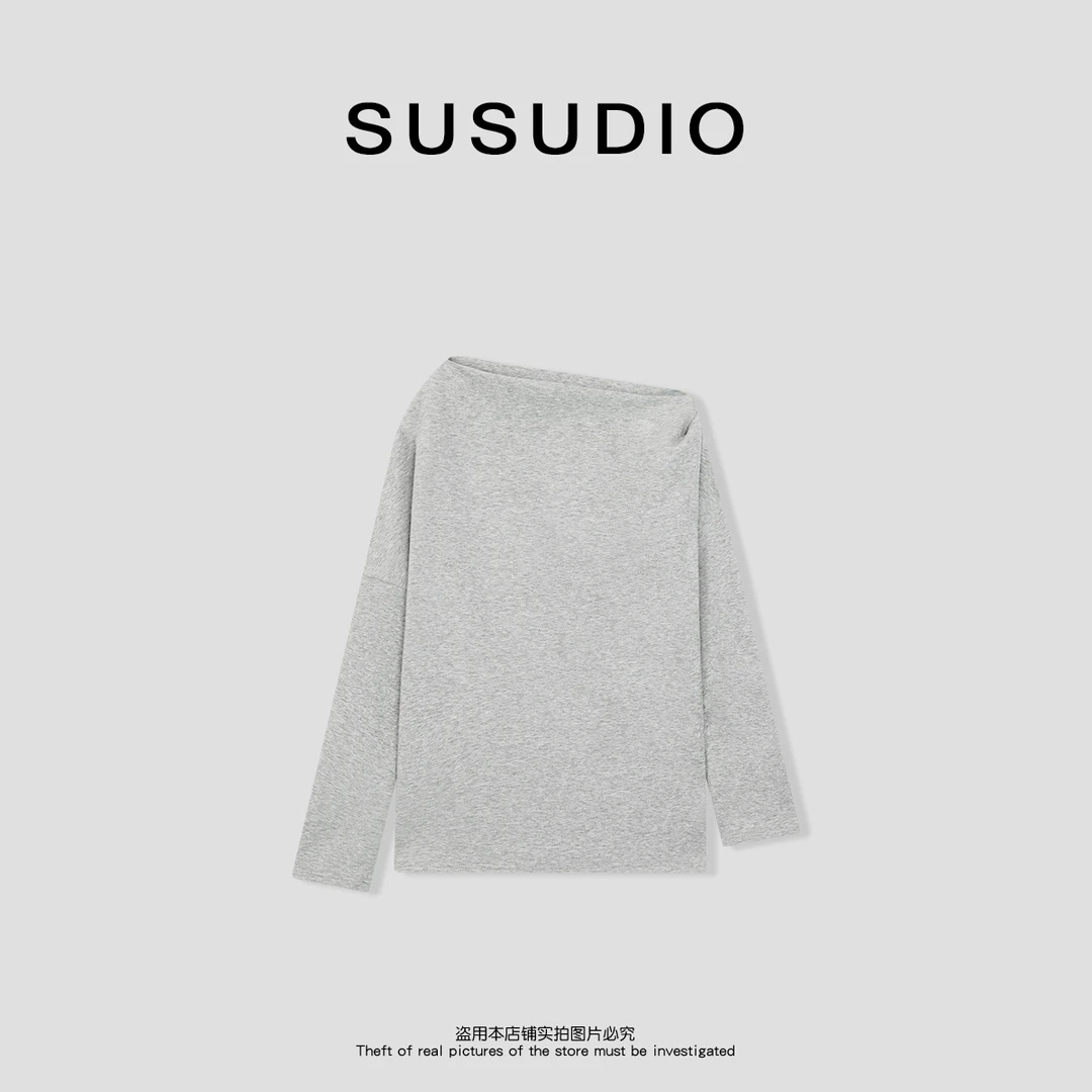 SUSUDIO新款百搭休闲斜肩纯色T恤10027