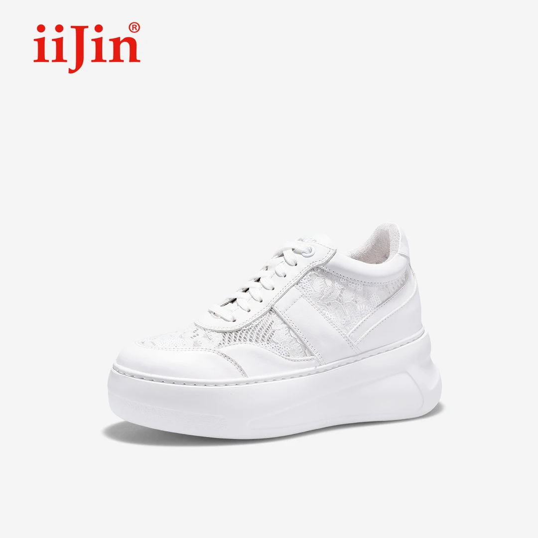 iiJin艾今25春新品8cm厚底内增高超轻网纱拼接板鞋小白鞋女244GTA