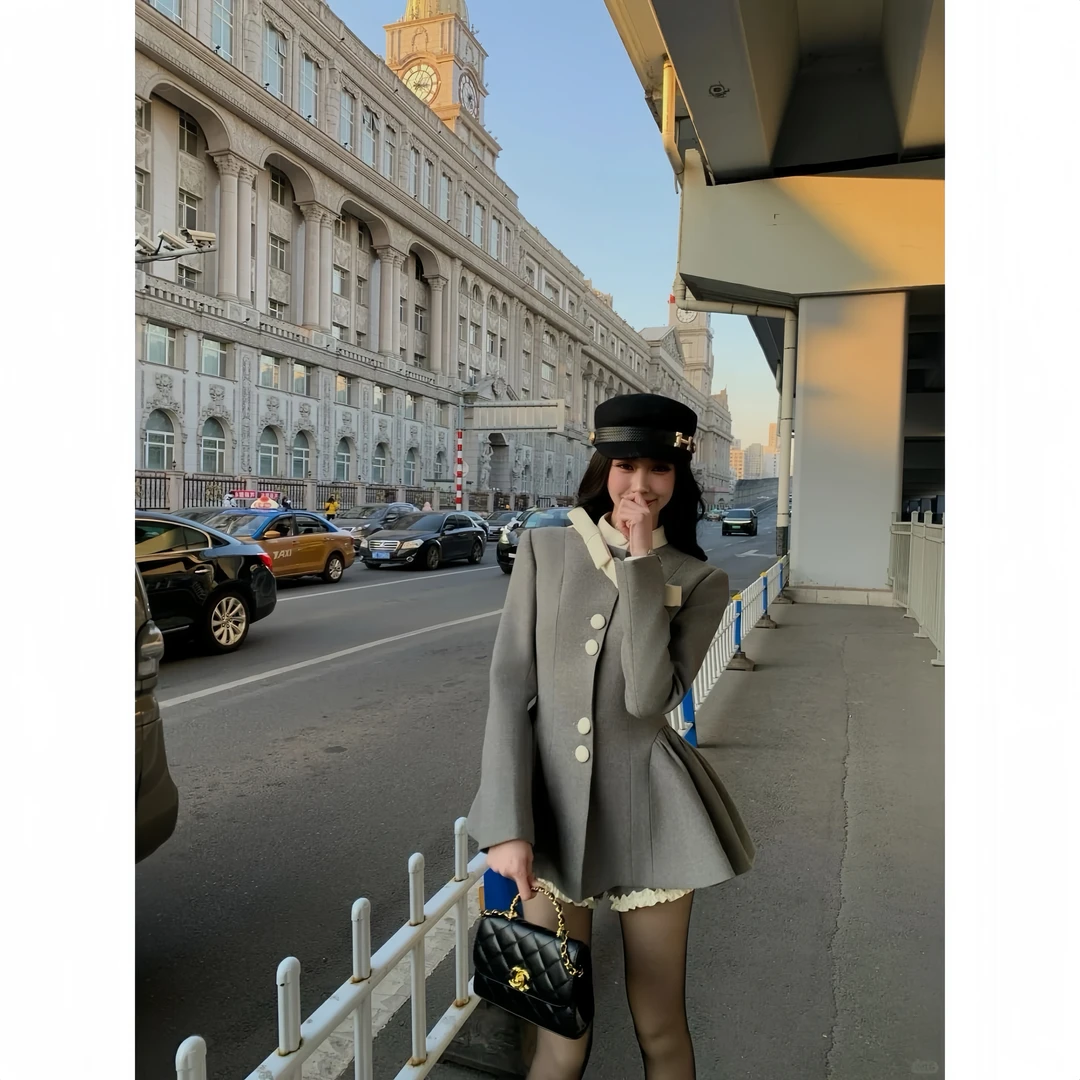 2024秋冬新款修身韩系千金风蝴蝶结呢子套装