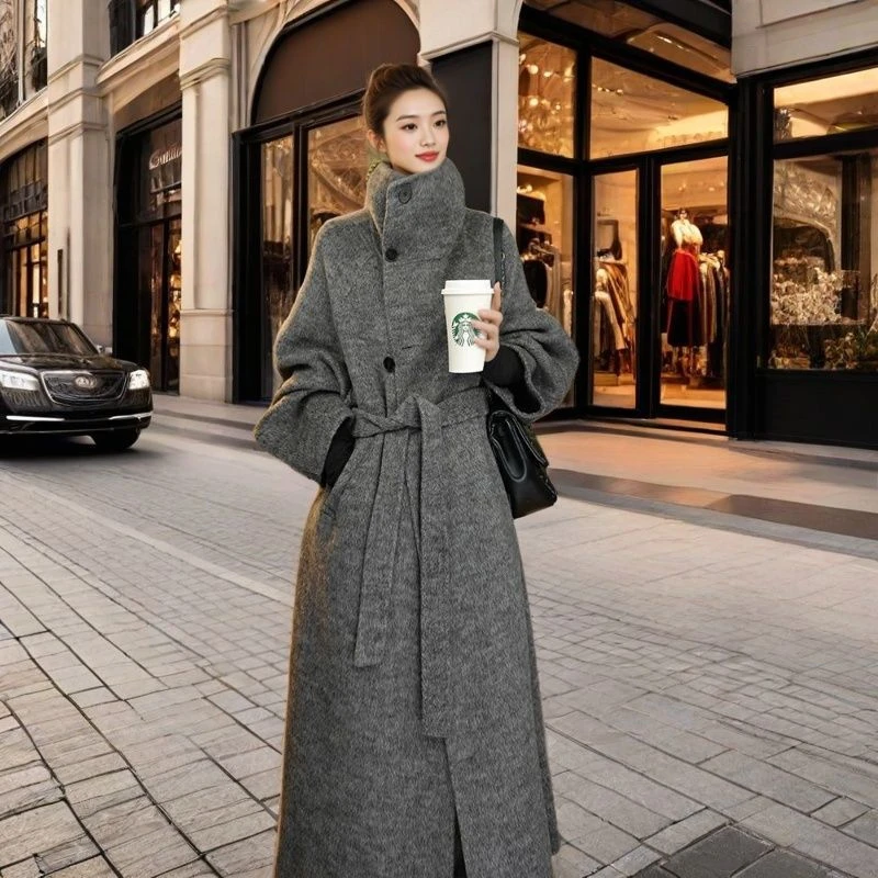 秋冬新款立领韩版羊毛大衣宽松长款韩系毛呢外套高个子显瘦气质款
