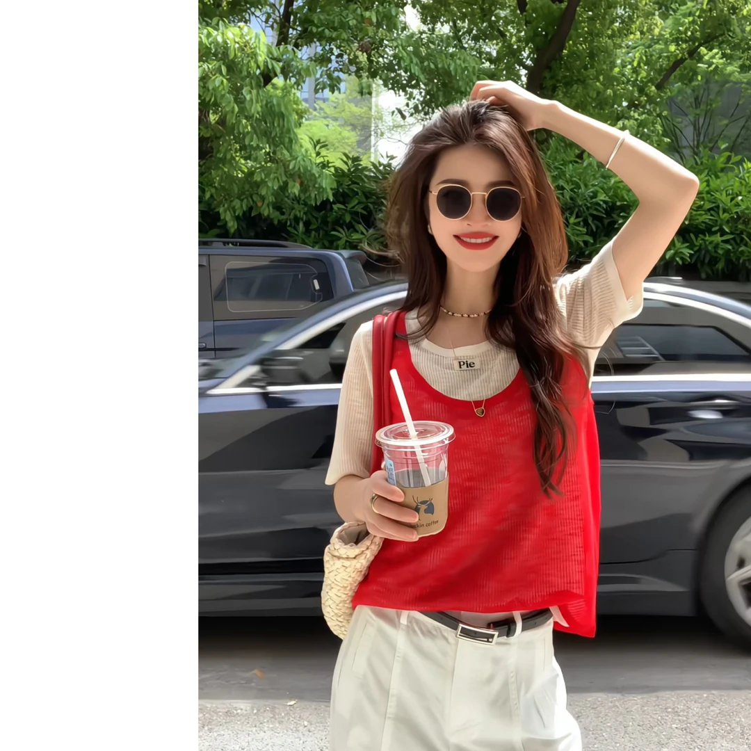 夏季t恤女新款韩版简约休闲百搭麻纱撞色背心+短袖真两件套