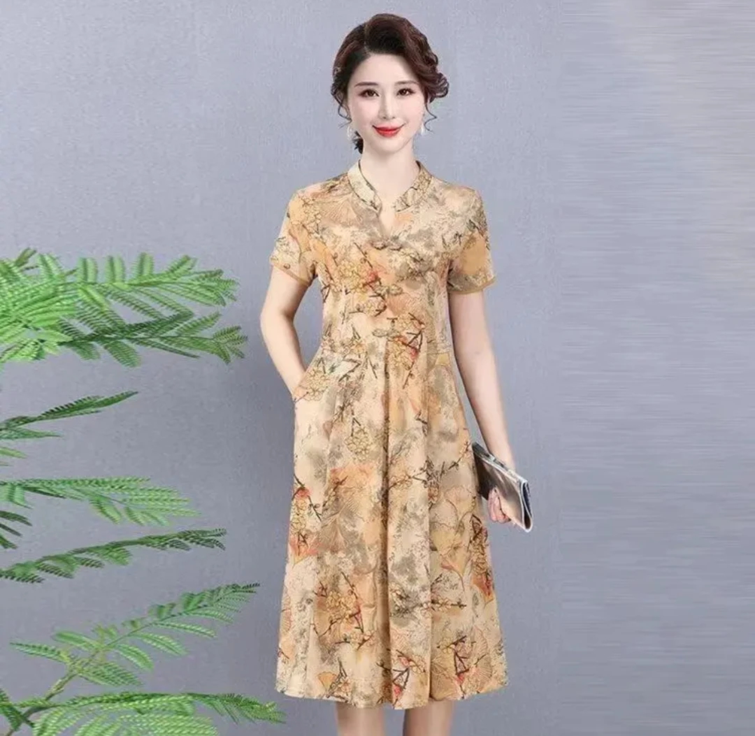 K049夏季中长款碎花连衣裙复古新中式显瘦洋气