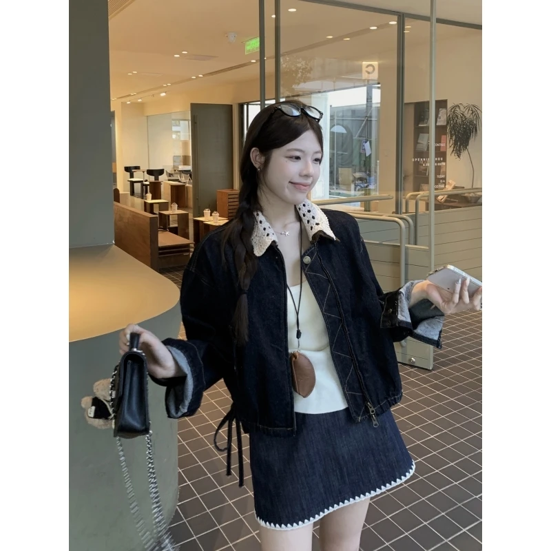 乌77美式复古重工钩花翻领牛仔外套女设计感抽绳宽松百搭夹克上衣
