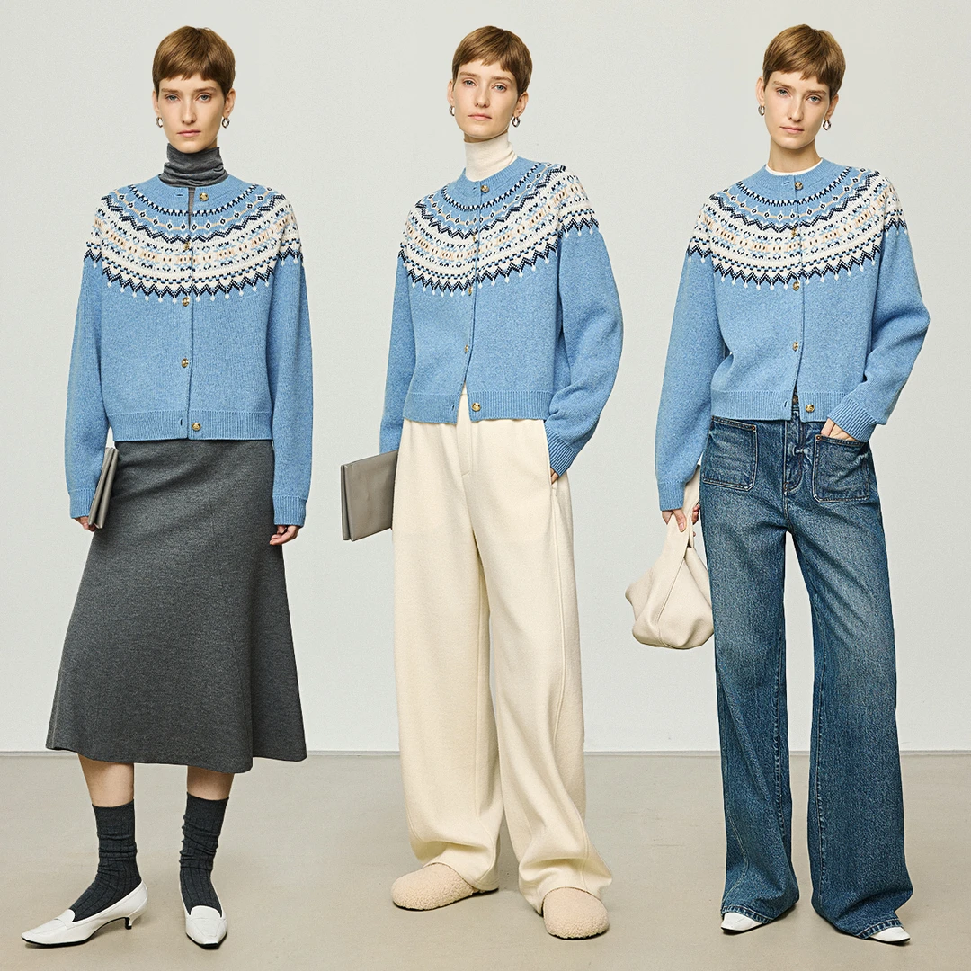 开间/chao软糯幼羊羔毛温暖费尔岛提花插肩袖金属扣针织开衫袜套