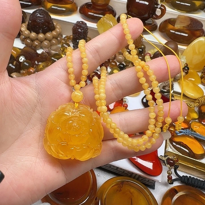 琥珀颈饰未镶嵌天然波罗的海蜜蜡牡丹花吊坠一套7.6克