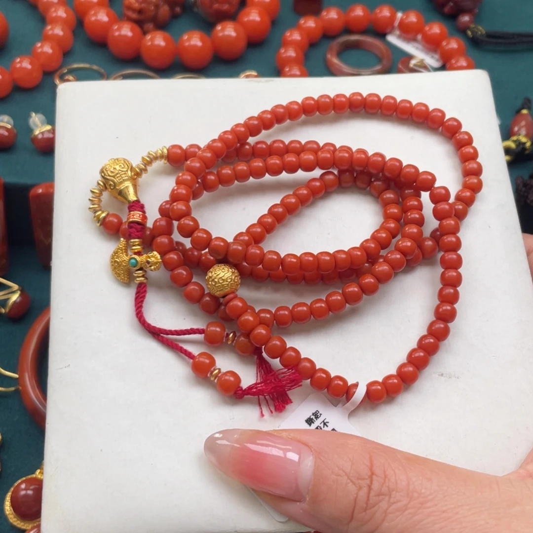 南红玛瑙银S925镶嵌保山南红哑光dly老型套装佛珠5+mm