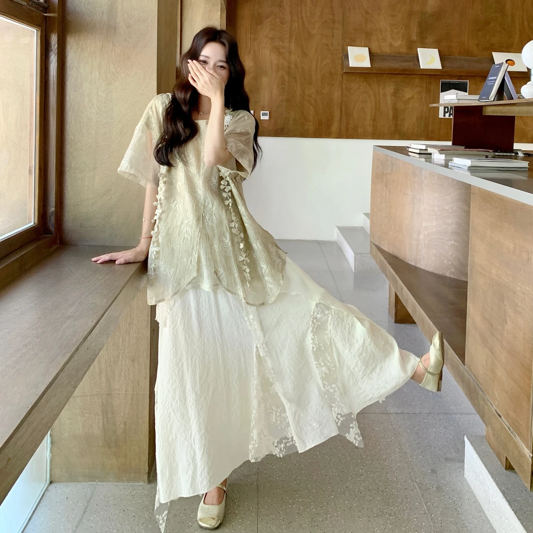 高级小众不撞款套装2025夏爆款网纱拼接飘带短袖上衣半身裙两件套