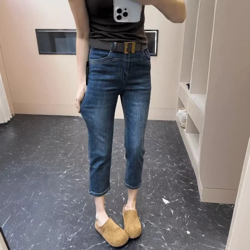 2025早秋季新款大码牛仔烟管裤小个子高腰显瘦九分百搭直筒裤子女