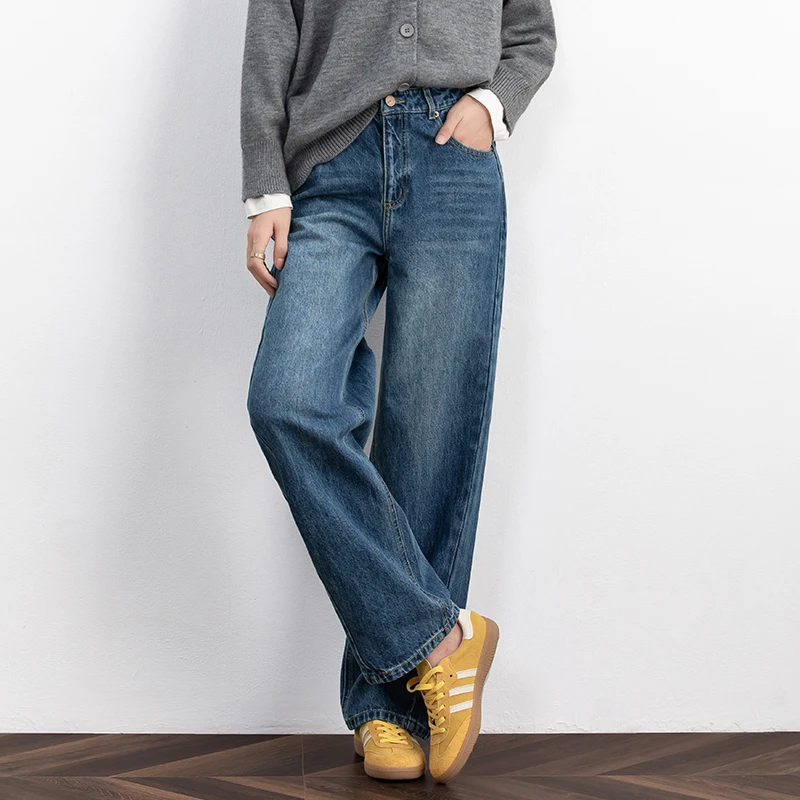 拼接弯刀阔腿牛仔裤女春秋冬2025高腰窄版阔腿裤直筒女裤加绒裤子