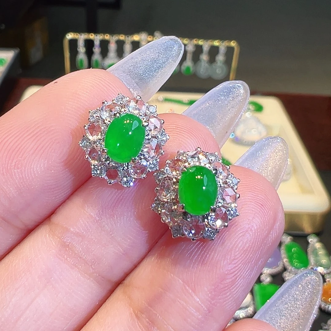 翡翠耳钉18K金镶嵌翡翠