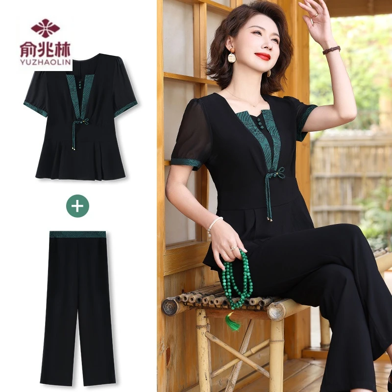 妈妈夏装套装新中式女装中国风雪纺衫气质中老年夏季短袖t恤上衣