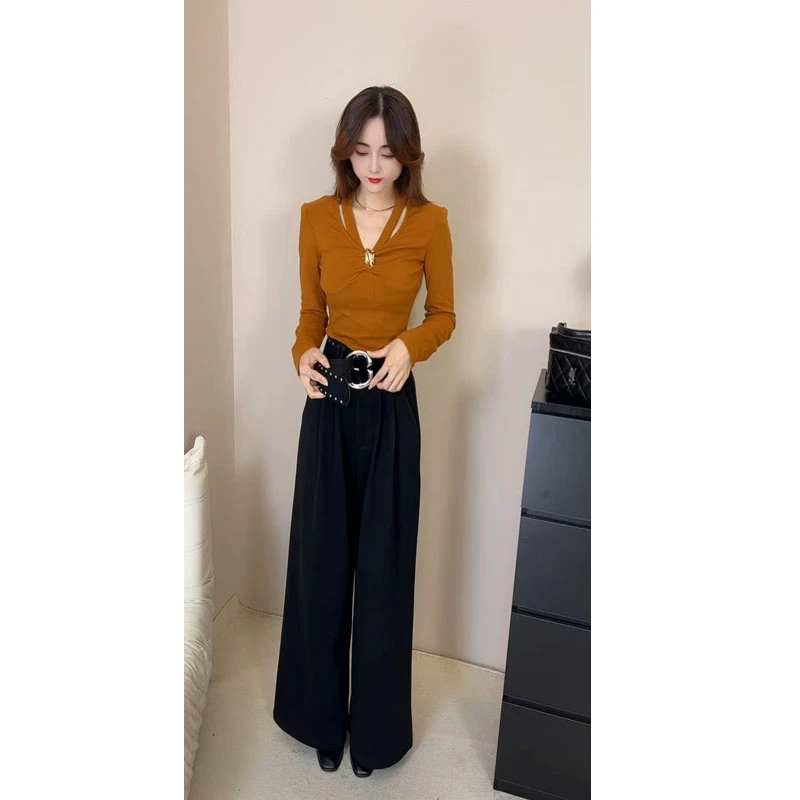 含腰带/名媛风气质洋气挂脖镂空装饰上衣女显瘦阔腿裤长裤