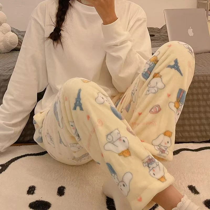 冬季卡通睡裤女法兰绒家居裤可爱简约舒适保暖睡裤加绒加厚休闲裤