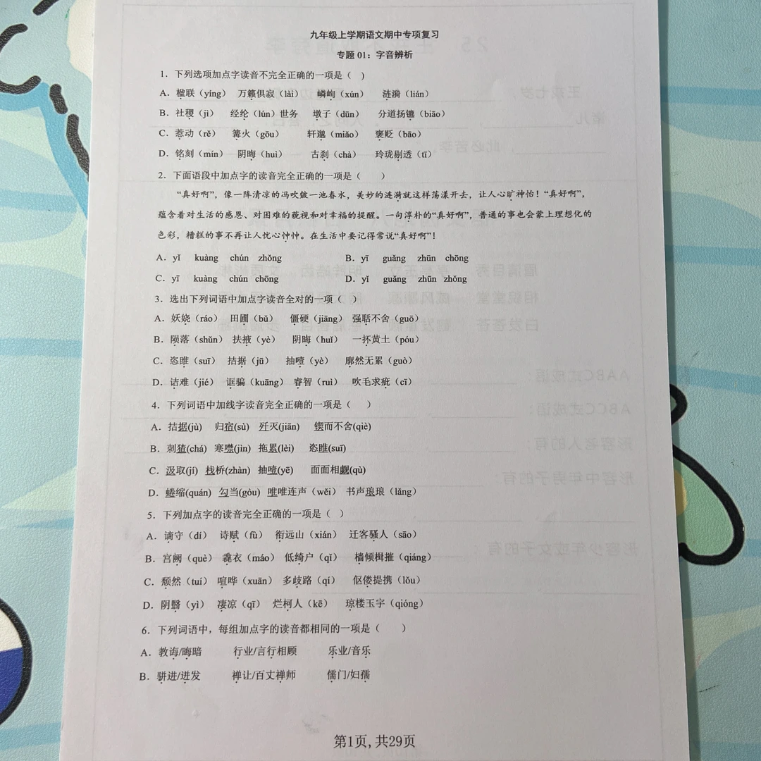 2025秋季新版九年级上册语文期中字音辨析+字形辨析+词语运用