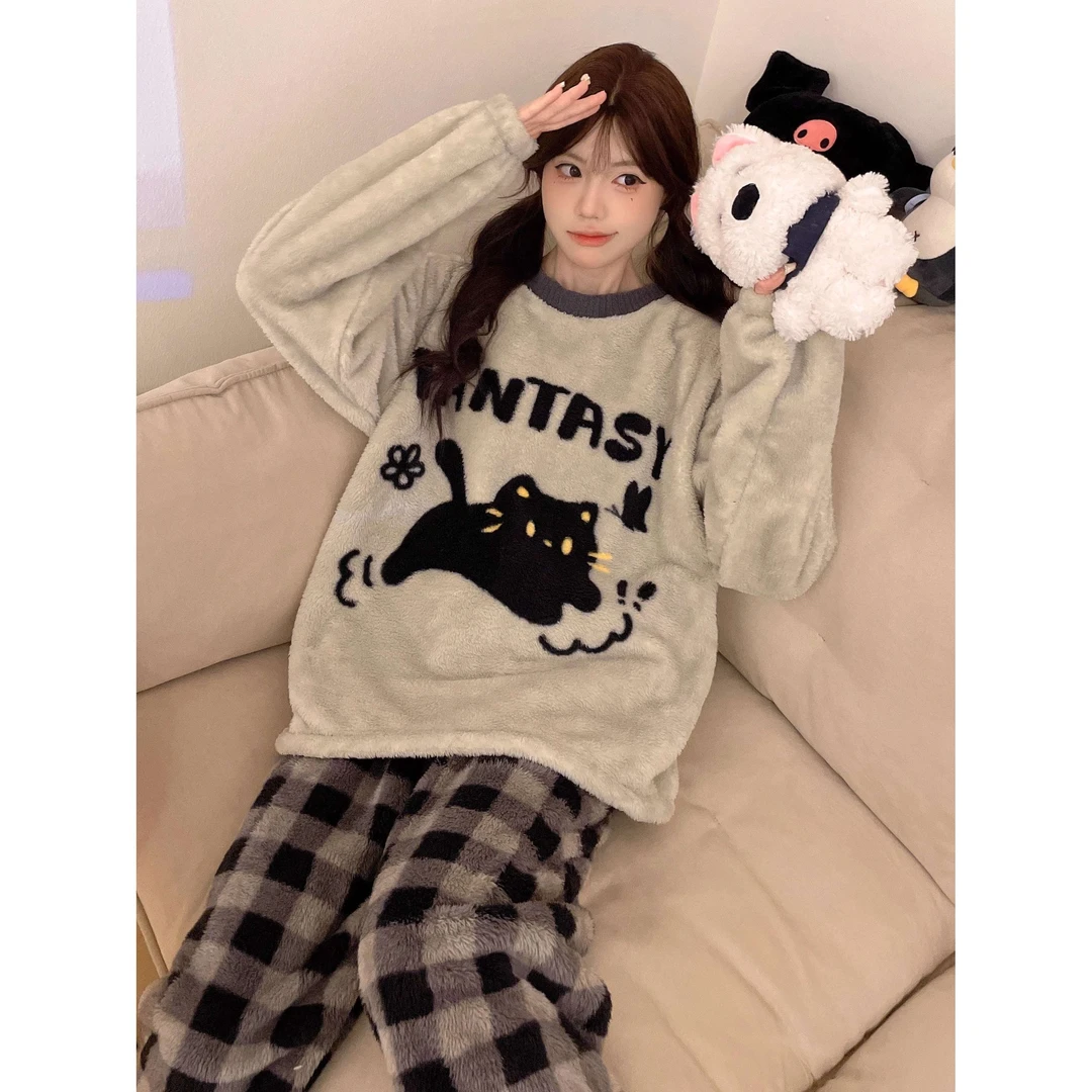 卡通灰色黑猫冬季新款珊瑚绒睡衣女加绒加厚学生法兰绒家居服外穿