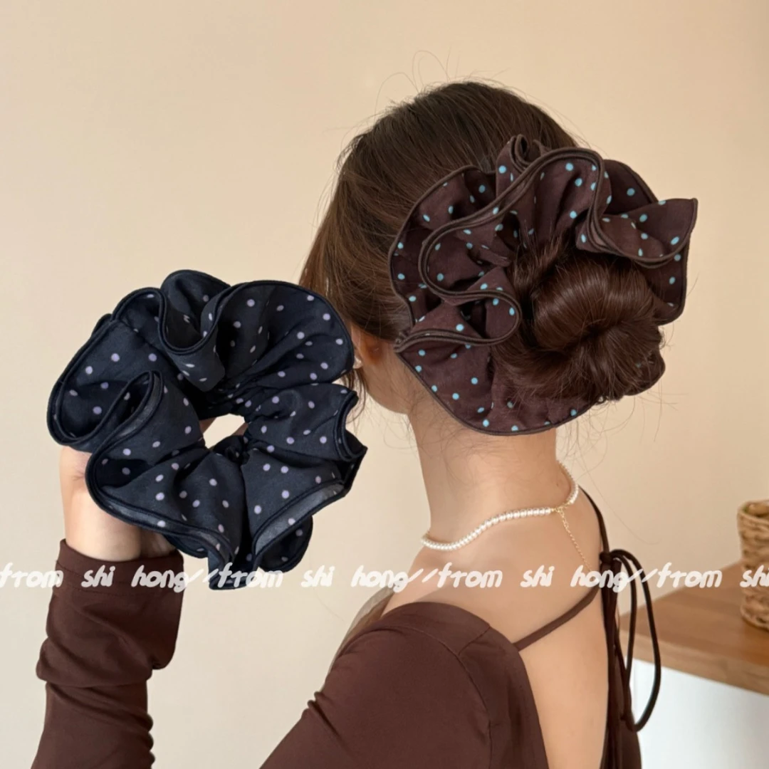 秋冬新款美拉德复古波点头花发绳丸子头马尾发绳轻奢韩版头绳发饰