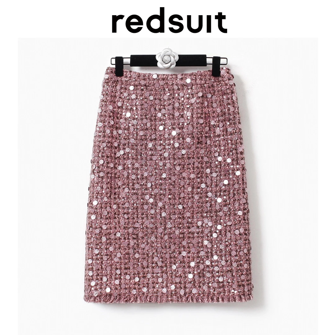 redsuit 法式重工亮片红粉色粗花呢小香风时尚显瘦中长款半裙