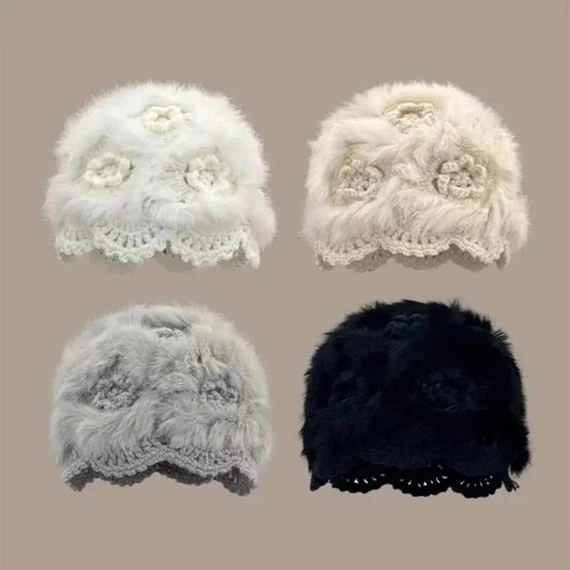 毛茸茸帽子毛绒帽冬女时尚简约韩版防寒钩针百搭花朵镂空包头冷帽