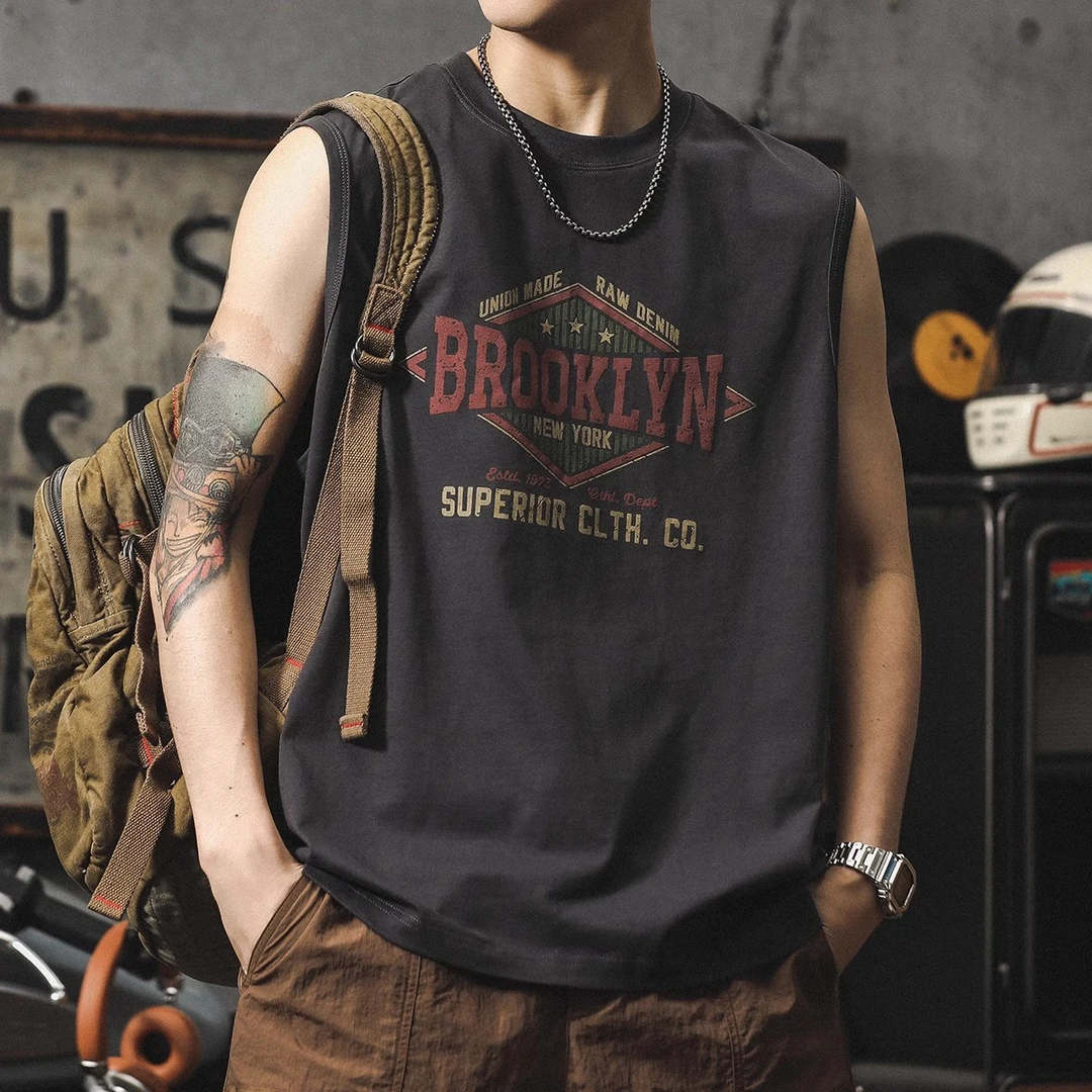 美式复古纯棉无袖t恤夏季薄款青少年跨栏运动背心印花坎肩短袖潮T