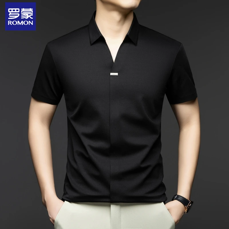 罗蒙新款夏季简约短袖T恤商务休闲男装时尚百搭薄款翻领半袖衬衫