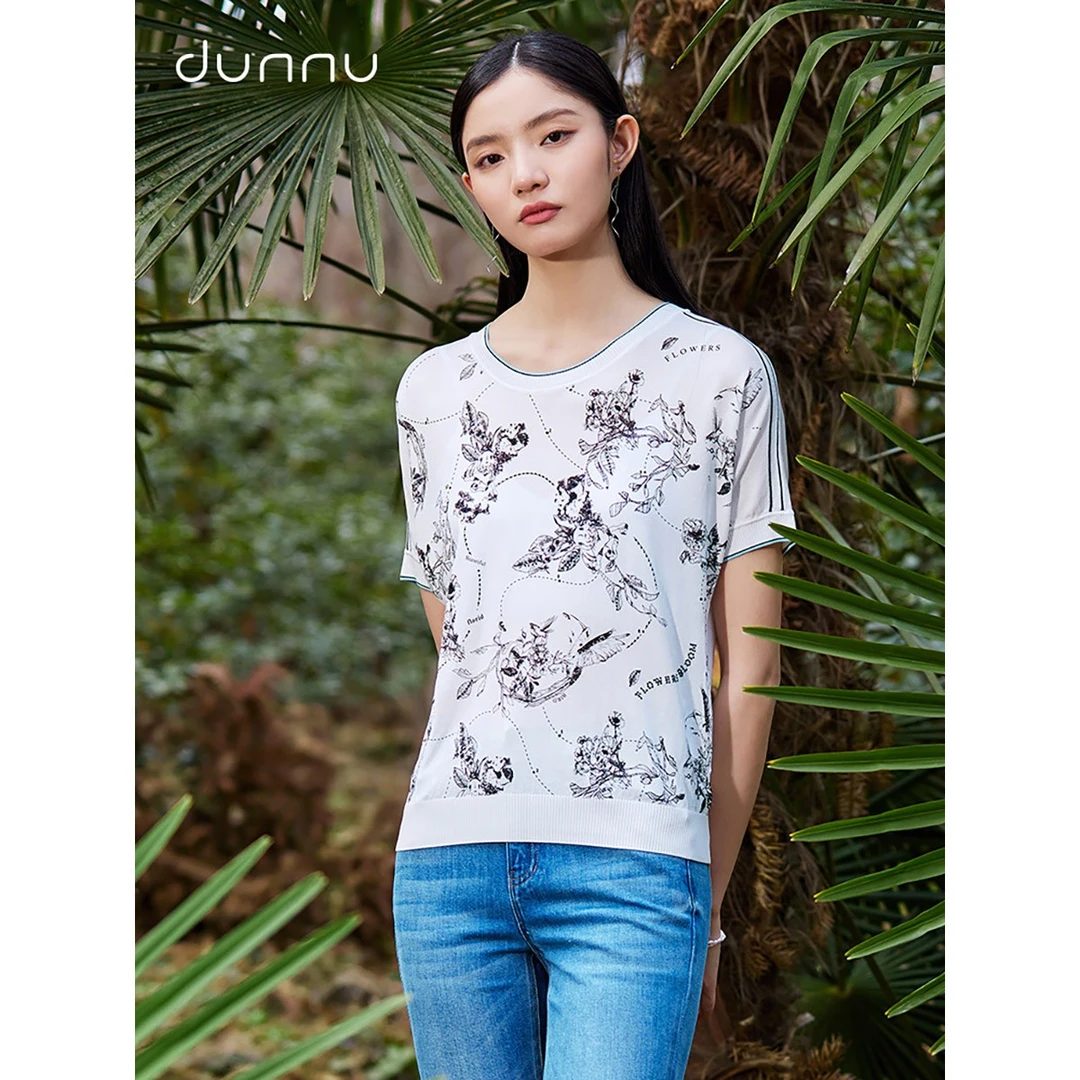 dunnu敦奴圆领短袖宽松印花T恤上衣时尚休闲DR270925
