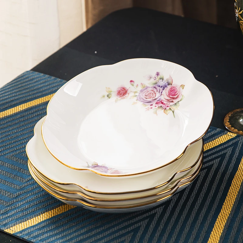 景德镇8英寸莲花瓣盘深盘菜盘子菜碟镶金边高温骨瓷盘餐具汤盘