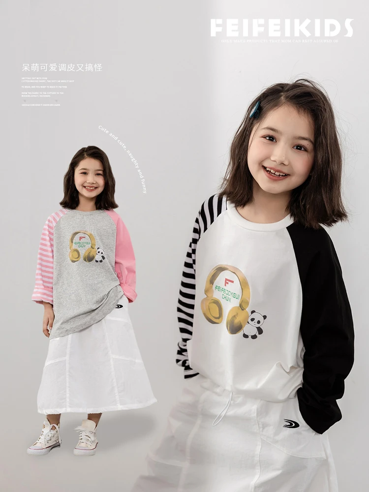 女童春季薄款2025新款撞色拼接卡通条纹童装百搭T恤E51G203059