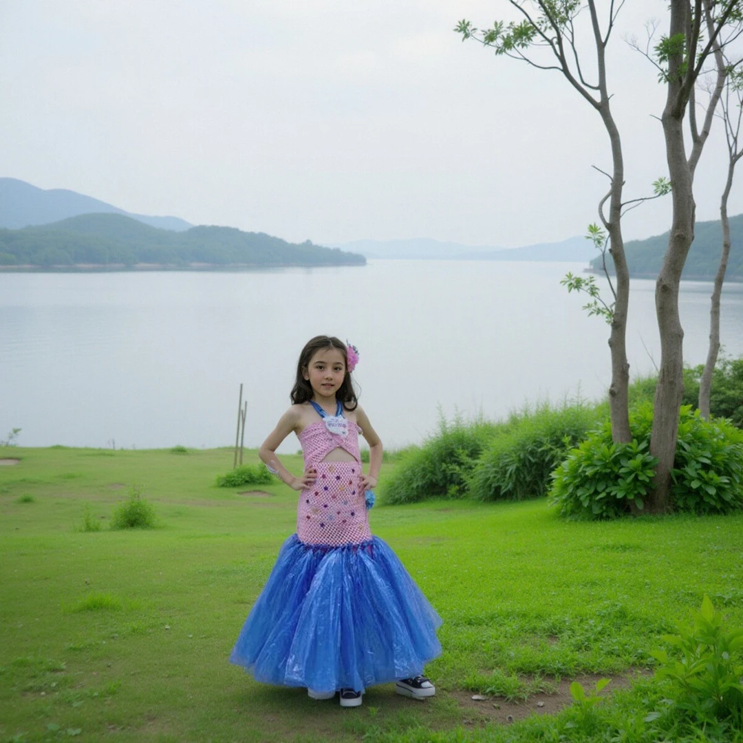 女孩环保时装秀走秀儿童手工diy制作美人鱼公主裙创意环保演出服