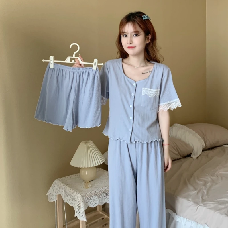 棉质短袖三件套睡衣女夏季新款可外穿宽松花边开衫家居服
