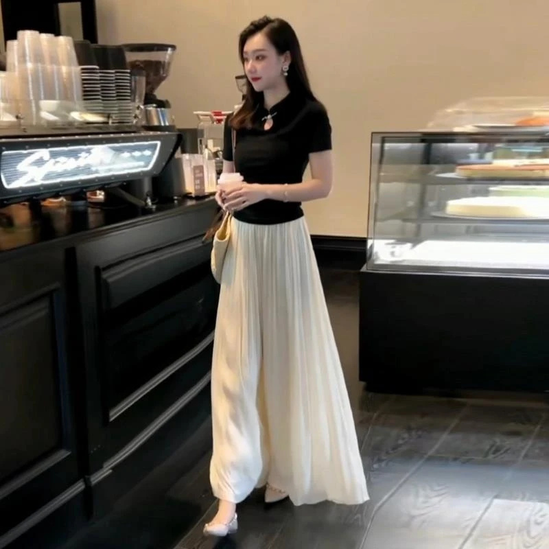 2025夏季新款女士宽松休闲冰丝垂感阔腿裤慵懒风气质薄款雪纺裙裤