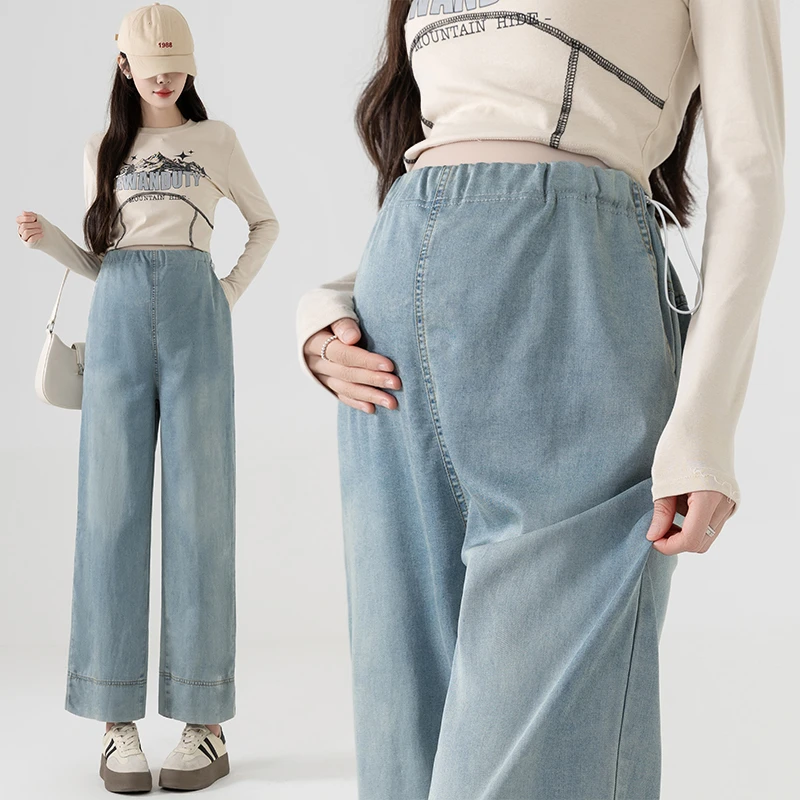 孕妇裤夏装新款阔腿裤牛仔裤韩版春抽绳直筒裤宽松外穿潮妈休闲裤