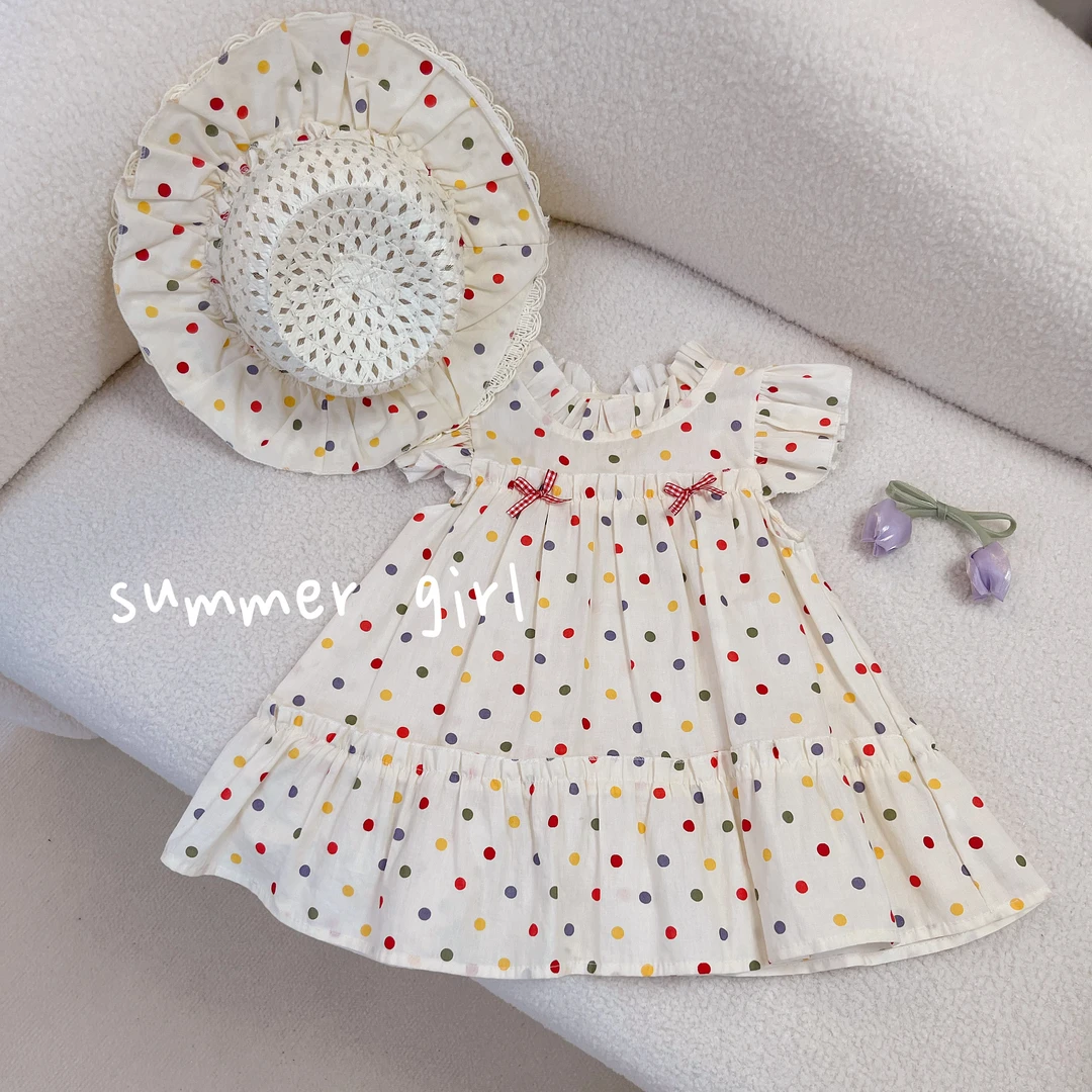 （带帽子）韩系甜妹穿搭女童2025可爱连衣裙洋气夏季女宝宝波点裙