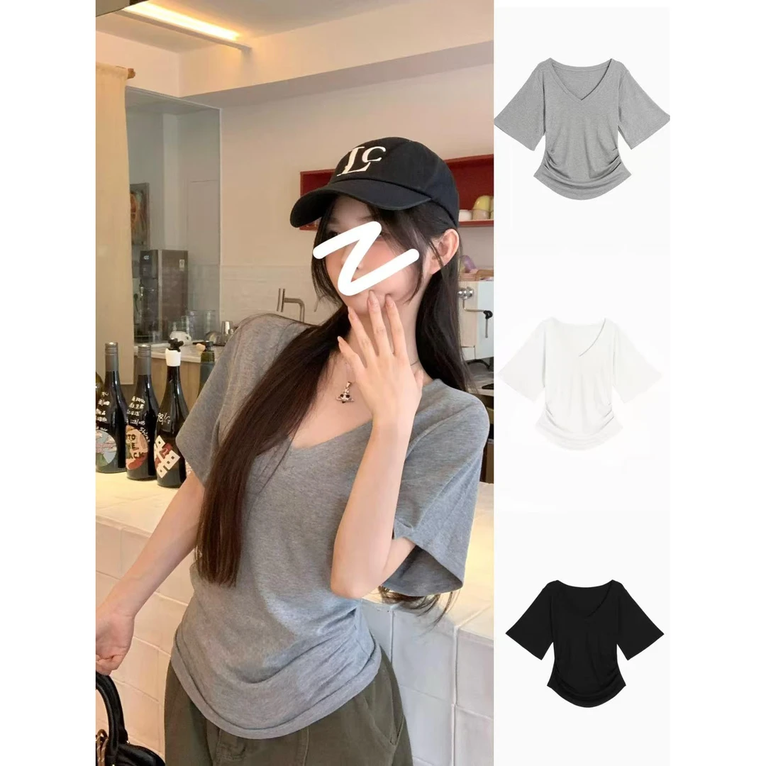 大码纯欲正肩v领短袖t恤女夏季胖mm收腰修身设计感短款不规则上衣